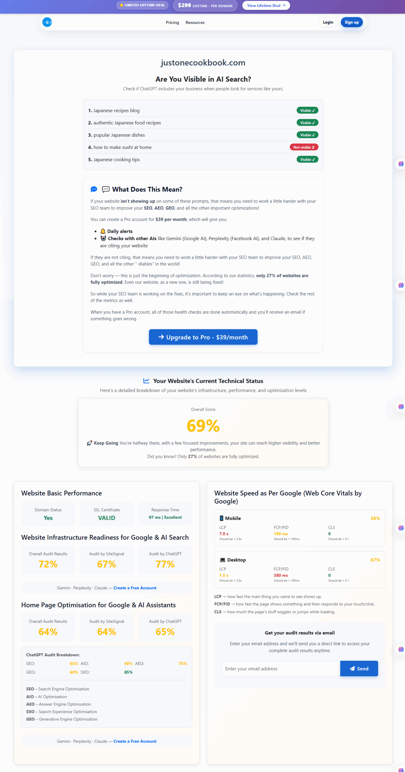 Running a free AI visibility audit using SiteSignal.