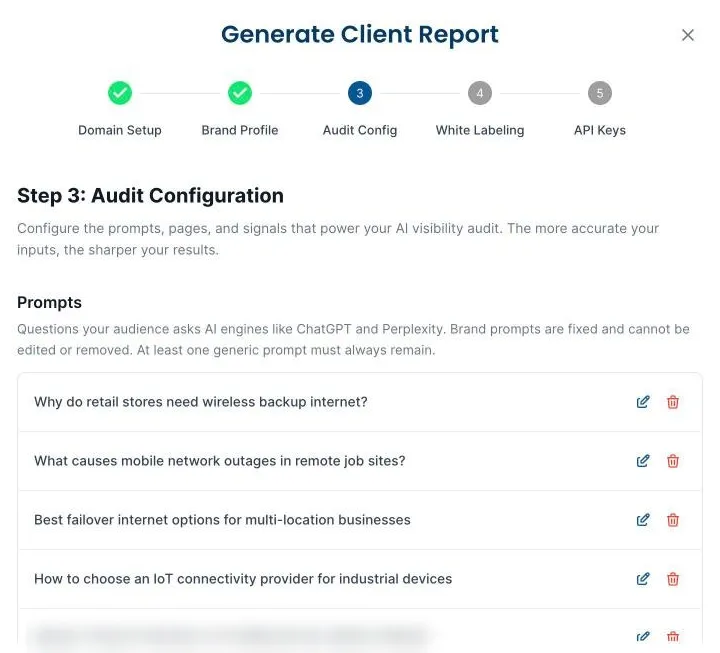 SiteSignal audit configuration with drafted buyer questions
