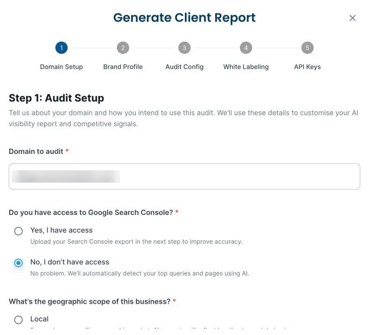 SiteSignal Generate Client Report, step 1: domain setup