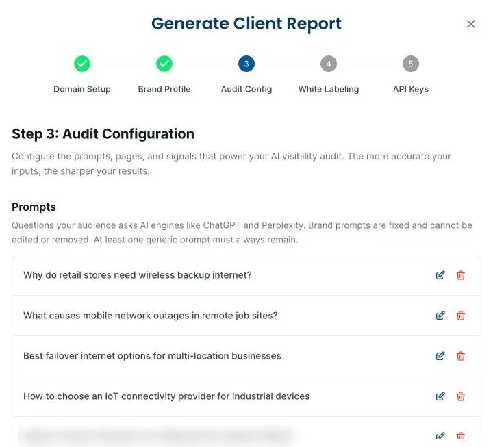 SiteSignal report setup with drafted buyer questions