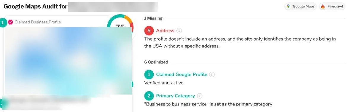 SplashDash Google Maps audit with the address flagged as missing