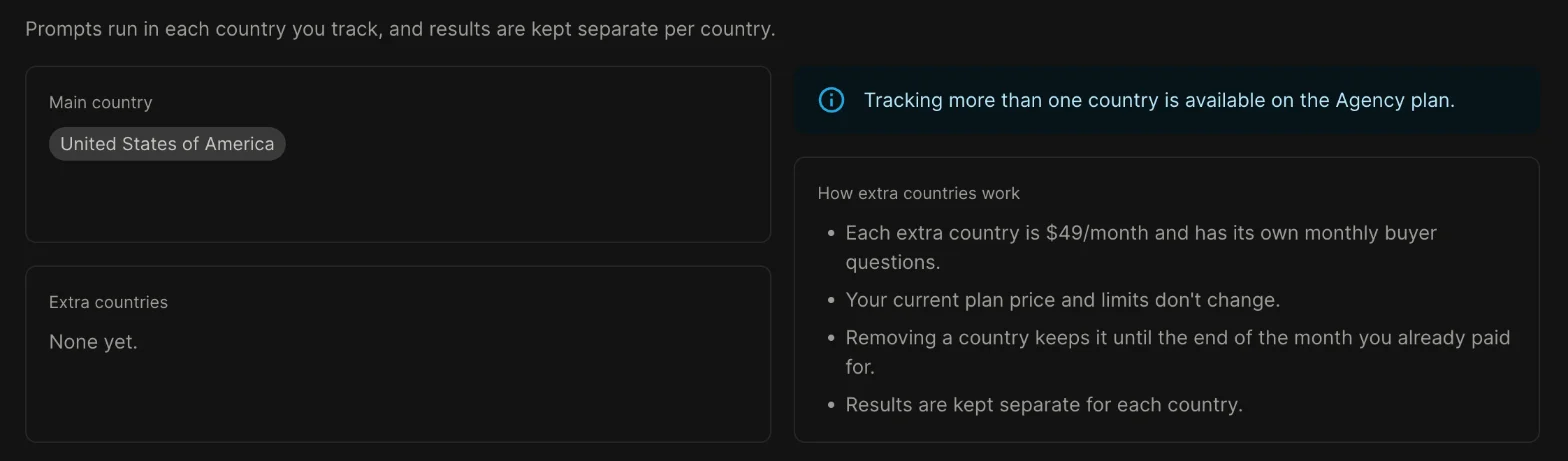 Countries page showing the main country, extra countries and how extra countries are billed