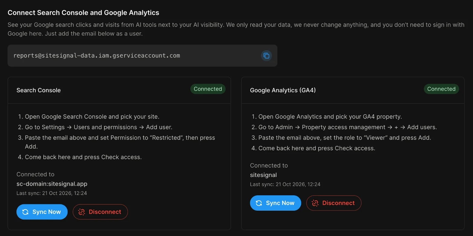 Google connection page with Search Console and GA4 both connected through a read-only service account email