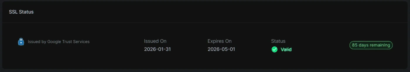 SSL status with issuer, issue and expiry dates, validity and days remaining