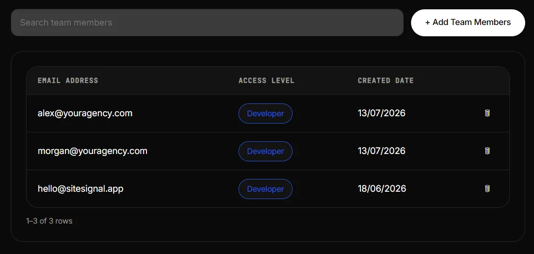 Team members table with email address, access level and created date