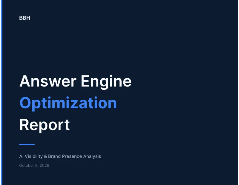 Branded AEO report cover: Answer Engine Optimization Report by BBH