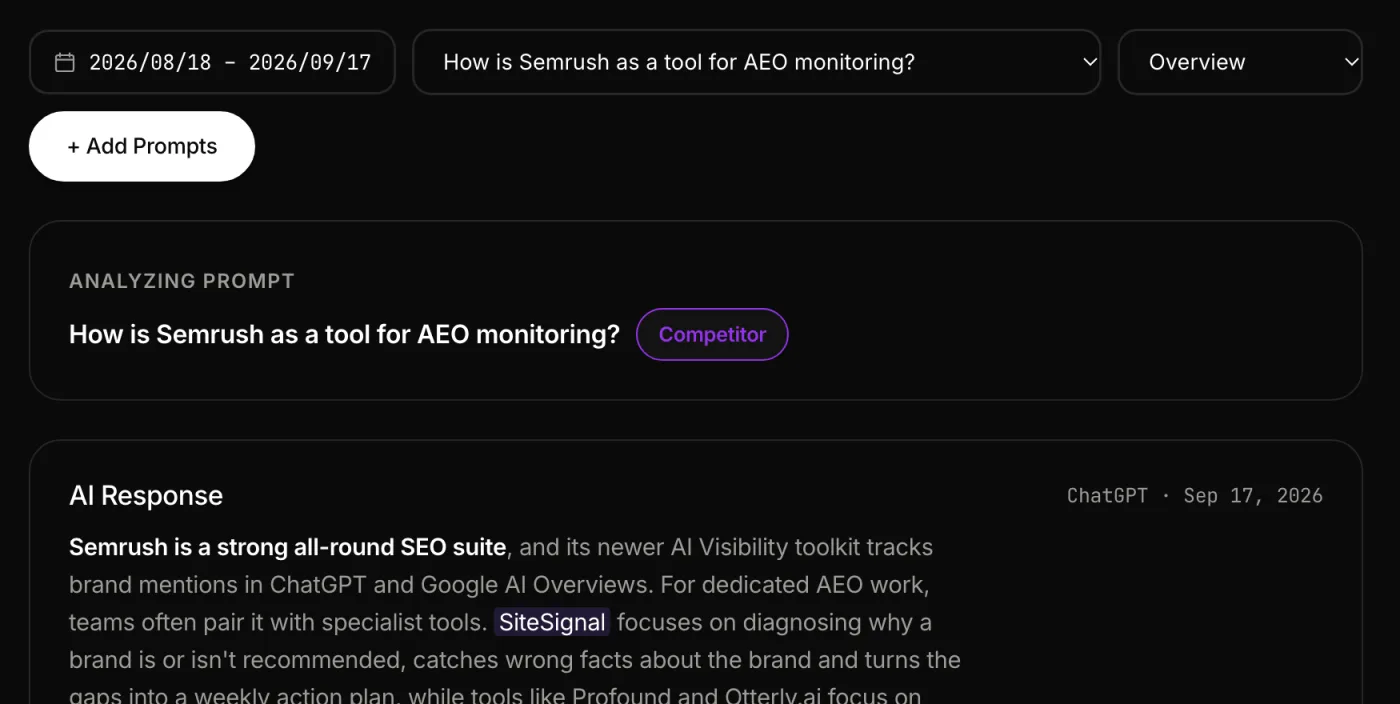 Competitor prompt analysis with the full AI response and cited sources