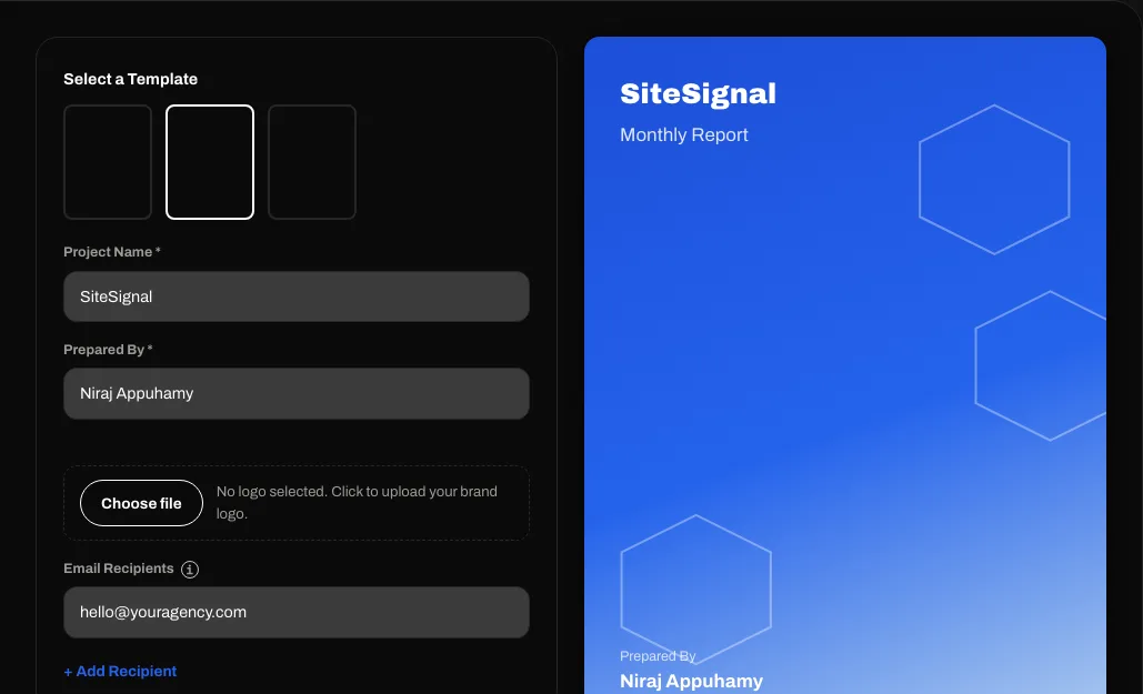 White-label report builder with template, project name and branding